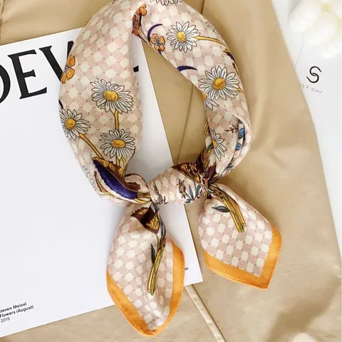 Vintage French Style Floral Print Square Scarf Satin Feeling Polyester Neck Head Scarf For Women Elegant Fashionable Accessories Foulard