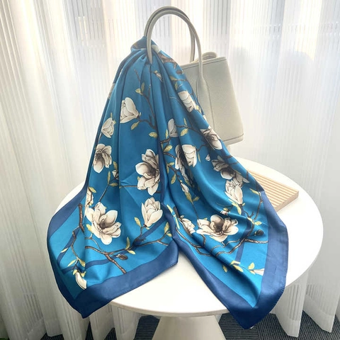 Foulard Quadrato In Raso In Stile Coreano Con Elegante Stampa Floreale Di Magnolia Sciarpa Protezione Solare Per Donna