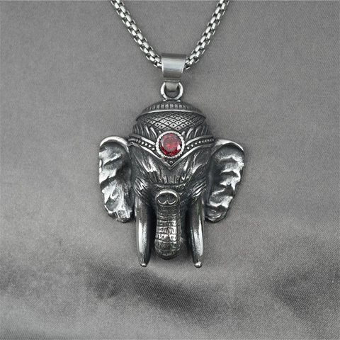 Collana Con Pendente Testa di Elefante in Acciaio Inossidabile Vintage Con Zircone Rosso Gioielli Stile Ganesha Punk Per Uomo Donna Festa