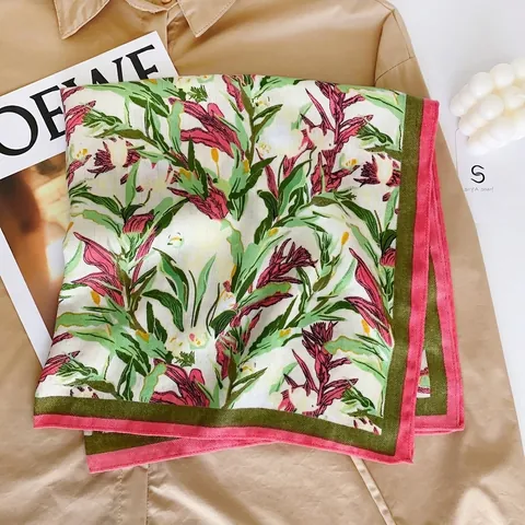 Dames Bedrukte Polyester Vierkante Sjaal Literair Retro Botanisch Bloemen Zijdeachtig Gevoel Hoofddoek Bandana Haarband