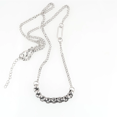 Unisex Industrial Style Titanium Steel Necklace Splicing Cuban Chain With Geometric Square Beads Metal Pendant Jewelry