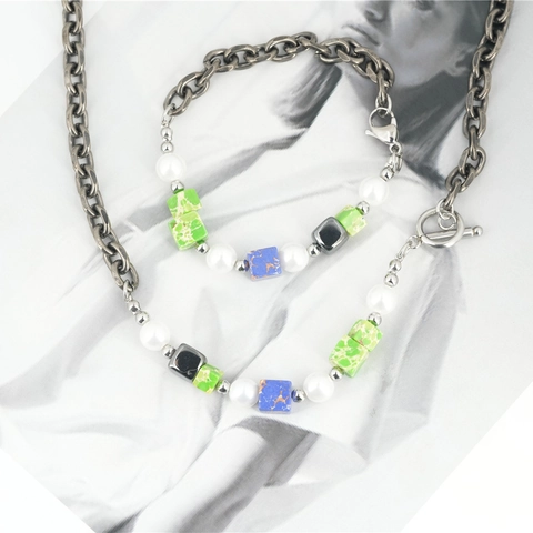 Vintage Titanium Steel Necklace And Bracelet Jewelry With Artificial Pearl Marbled Stone Cube Beads Retro Punk Ethnic Jewelry For Unisex