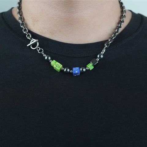 Vintage Titanium Steel Necklace And Bracelet Jewelry With Artificial Pearl Marbled Stone Cube Beads Retro Punk Ethnic Jewelry For Unisex