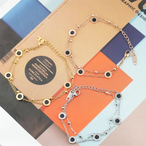 Bracciale a Doppio Strato in Acciaio Inossidabile di Moda Coreana per Donna Elegante Ciondolo Nero Tondo Gioielli Catena