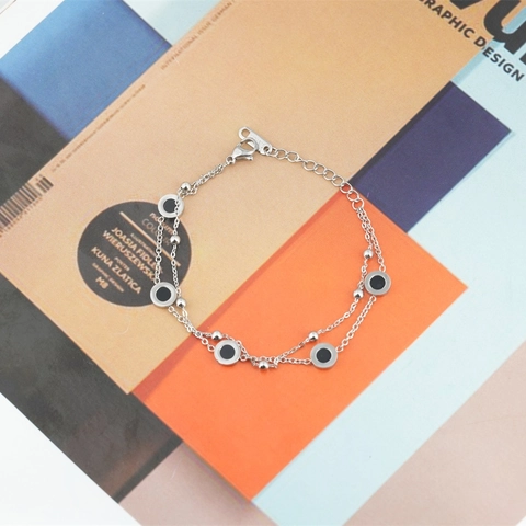 Bracciale a Doppio Strato in Acciaio Inossidabile di Moda Coreana per Donna Elegante Ciondolo Nero Tondo Gioielli Catena