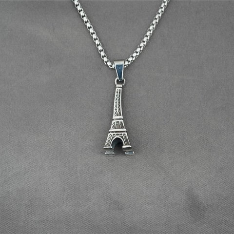Collar con Colgante Torre Eiffel de Acero de Titanio Vintage Unisex Diseño Arquitectónico 3D Joyería de Plata Retro