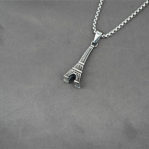 Collar con Colgante Torre Eiffel de Acero de Titanio Vintage Unisex Diseño Arquitectónico 3D Joyería de Plata Retro
