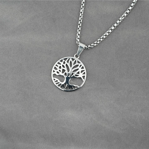Vintage Titanium Staal Levensboom Hanger Halsketting Voor Dames Heren Holle Ronde Schijf Charme Sieraden Cadeau