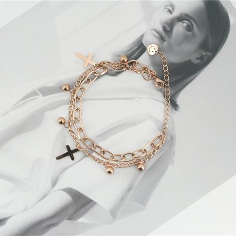 Bracciale in Acciaio al Titanio Oro Rosa a Doppio Strato per Donna Ciondolo Croce Perline Lucidate Faccina Sorridente Cuore Gioielli di Moda