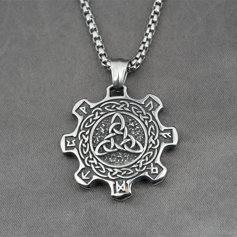 Vintage Viking Gear Pendant Necklace Titanium Steel Valknut Symbol Celtic Knot Rune Letters Punk Rock Jewelry For Men Women