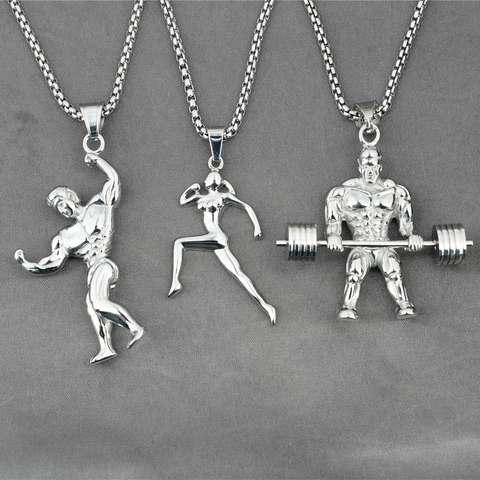 Hip Hop Men Titanium Steel Fitness Gym Pendant Necklace Bodybuilding Muscle Man Female Runner Sporty Jewelry Gift
