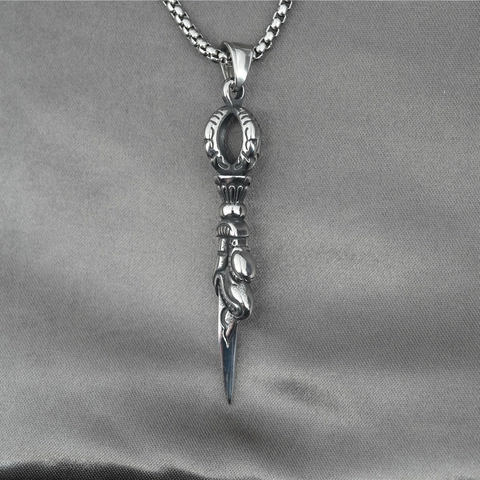 Vintage Stainless Steel Vajra Pestle Pendant Necklace Gothic Phurba Dagger Charm Jewelry For Men Women Distressed Retro Silver