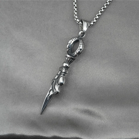 Vintage Stainless Steel Vajra Pestle Pendant Necklace Gothic Phurba Dagger Charm Jewelry For Men Women Distressed Retro Silver