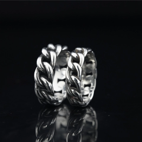 Vintage Stainless Steel Cuban Link Chain Ring For Men Women Antique Silver Distressed Woven Hollow Band Ring Punk Jewelry