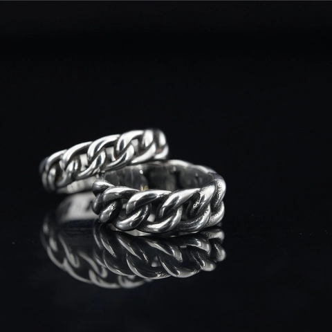 Vintage Stainless Steel Cuban Link Chain Ring For Men Women Antique Silver Distressed Woven Hollow Band Ring Punk Jewelry