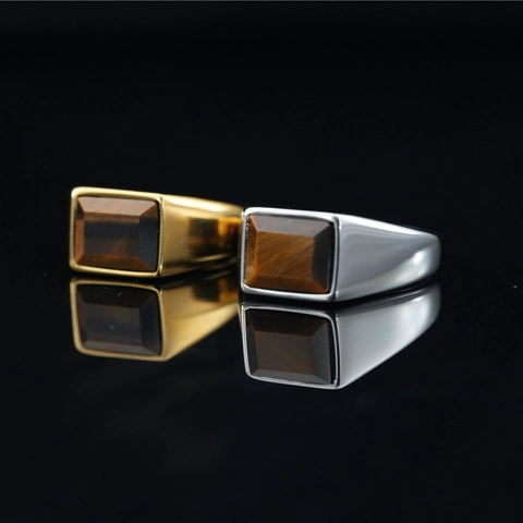 Anello a Sigillo Vintage in Acciaio al Titanio per Uomo Occhio di Tigre Rettangolare Pietra Naturale Gioielli di Moda