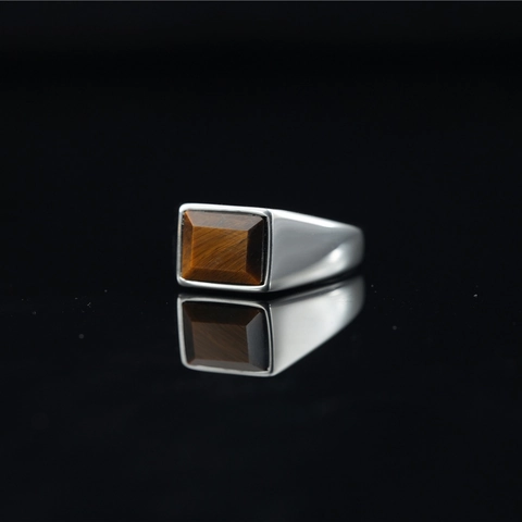 Anello a Sigillo Vintage in Acciaio al Titanio per Uomo Occhio di Tigre Rettangolare Pietra Naturale Gioielli di Moda