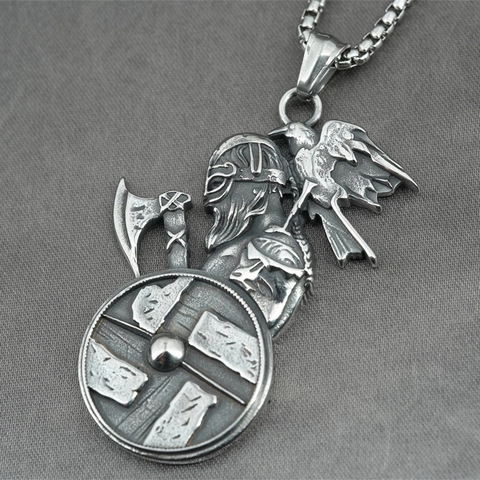 Vintage Stainless Steel Viking Warrior Axe Raven Shield Pendant Necklace Nordic Myth Norse Mythology Jewelry For Men Unisex