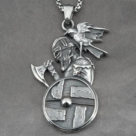 Vintage Stainless Steel Viking Warrior Axe Raven Shield Pendant Necklace Nordic Myth Norse Mythology Jewelry For Men Unisex