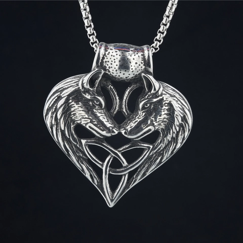 Vintage Titanium Steel Double Wolf Head Heart Pendant Necklace For Men Women Celtic Knot Punk Style Oxidized Gothic Jewelry