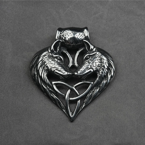 Vintage Titanium Steel Double Wolf Head Heart Pendant Necklace For Men Women Celtic Knot Punk Style Oxidized Gothic Jewelry