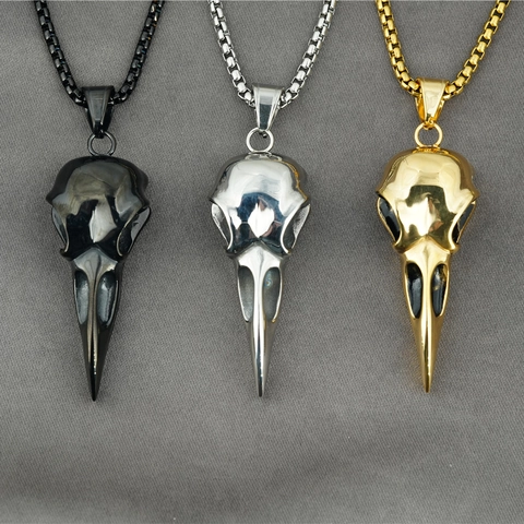 Nordic Gothic Raven Skull Pendant Necklace Stainless Steel Crow Bird Skull Jewelry Vintage Punk Biker Gift For Men Women