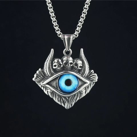 Vintage Gothic Punk Evil Eye Titanium Steel Necklace For Men Women Skull Devil Wing Blue Eye Pendant Necklace Jewelry