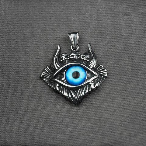 Vintage Gothic Punk Evil Eye Titanium Steel Necklace For Men Women Skull Devil Wing Blue Eye Pendant Necklace Jewelry