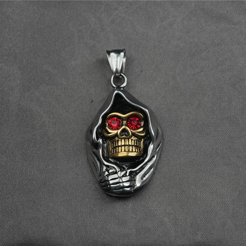 Gothic Punk Grim Reaper Skull Pendant Necklace Stainless Steel Two-Tone Gold Silver Skeleton Red Eye Rhinestone Biker Jewelry
