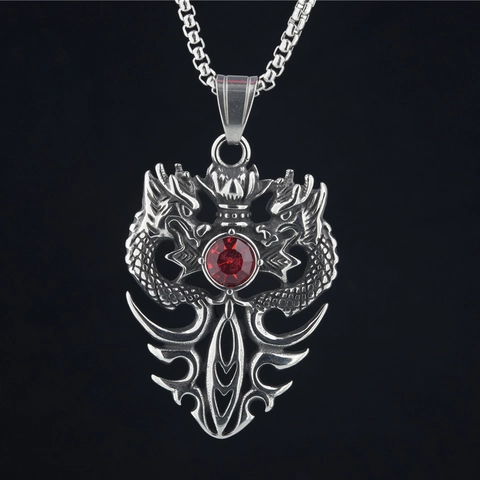 Vintage Titanium Steel Double Dragon Pendant Necklace For Men Retro Punk Hip Hop Red Black Rhinestone Jewelry Accessories