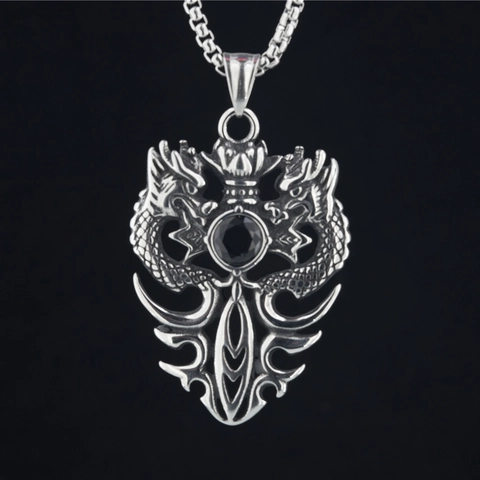 Vintage Titanium Steel Double Dragon Pendant Necklace For Men Retro Punk Hip Hop Red Black Rhinestone Jewelry Accessories