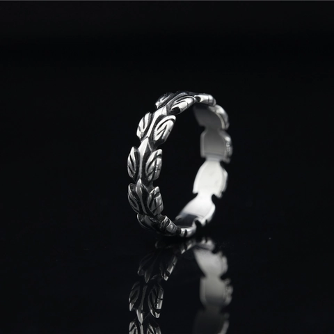 Retro Punk Wheat Ear Titanium Steel Ring Antique Silver Carved Leaf Relief Design Unisex Stainless Steel Band Jewelry