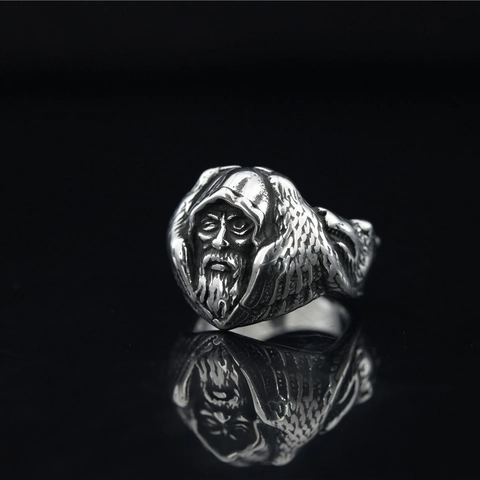 Vintage Stainless Steel Carved Wizard Ring For Men Distressed Gothic Punk Biker Finger Ring Mythological Hooded Figure Jewelry