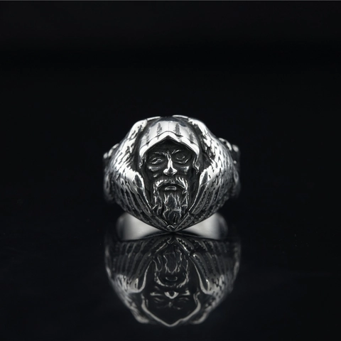 Vintage Stainless Steel Carved Wizard Ring For Men Distressed Gothic Punk Biker Finger Ring Mythological Hooded Figure Jewelry