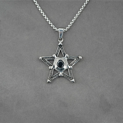 Vintage Titanium Steel Star Pendant Necklace For Men Women Retro Gothic Hip Hop Jewelry Black Rhinestone Pentagram Necklace