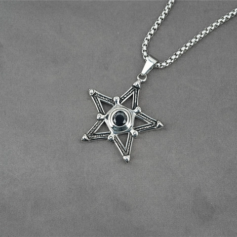 Vintage Titanium Steel Star Pendant Necklace For Men Women Retro Gothic Hip Hop Jewelry Black Rhinestone Pentagram Necklace