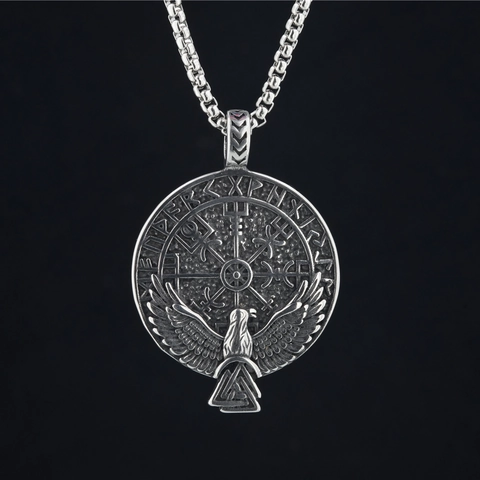 Collana Vichinga Aquila Bussola Mitologia Norrena Pendente Rune Acciaio Inossidabile Catena Maglione Vintage Distressed Gioielli Uomo Donna