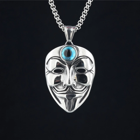Punk Joker Mask Evil Eye Pendant Necklace For Men Stainless Steel V for Vendetta Anonymous Mask Gothic Hip Hop Jewelry