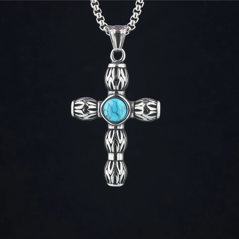 Vintage Edelstahl Kreuz Anhänger Halskette Mit Türkis Inlay Antiksilber Gothischer Religiöser Schmuck Für Damen Herren