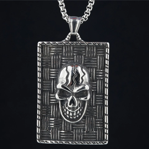 Vintage Punk Titanium Steel Skull Pendant Necklace For Men Women Gothic Hip Hop Woven Shield Rectangular Jewelry Gift