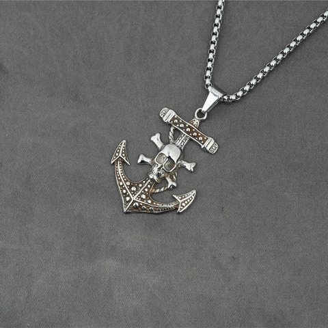 Collana Pendente Ancora con Teschio in Acciaio Inossidabile Vintage per Uomo Donna Argento Antico Distressed Punk Gothic Stile Pirata Nautico