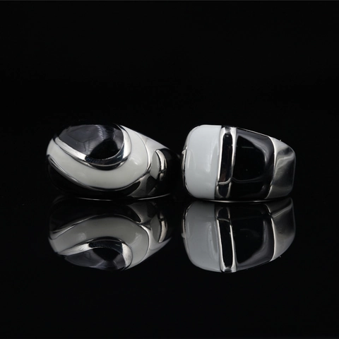 Vintage Titanium Staal Zwart Wit Emaille Ring Voor Heren Dames Geometrisch Contrastkleur Niet-vervagende Bandring Sieraden