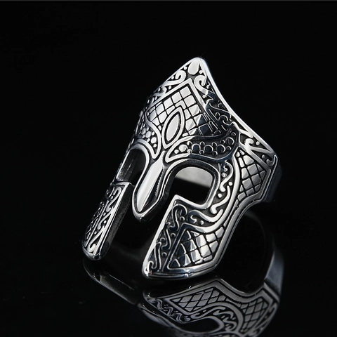 Vintage Men Stainless Steel Spartan Warrior Helmet Mask Ring Gothic Punk Viking Gladiators Biker Finger Ring Jewelry Gift