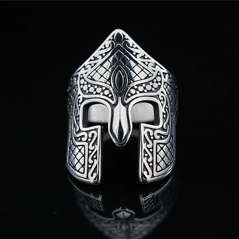 Vintage Men Stainless Steel Spartan Warrior Helmet Mask Ring Gothic Punk Viking Gladiators Biker Finger Ring Jewelry Gift