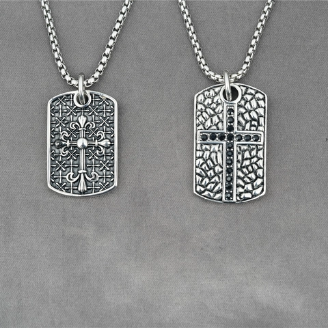 Vintage Gothic Stainless Steel Cross Pendant Necklace For Men Women Hip Hop Street Style Titanium Steel Square Dog Tag Jewelry Gift