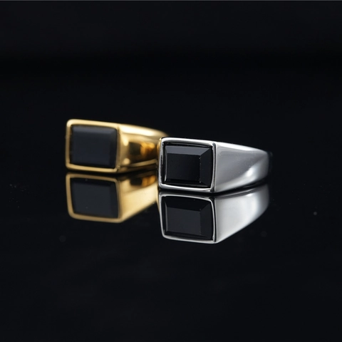 Vintage Heren Titanium Staal Zegelring Rechthoekige Zwarte Edelstein Minimalistische Goud Zilver Gepolijste Band Sieraden