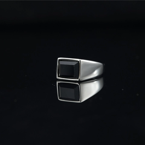 Vintage Heren Titanium Staal Zegelring Rechthoekige Zwarte Edelstein Minimalistische Goud Zilver Gepolijste Band Sieraden