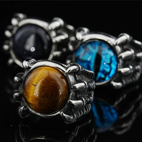 Retro Punk Dragon Claw Devil Eye Titanium Steel Ring For Men Gothic Domineering Tiger Eye Blue Sandstone Band Ring Jewelry