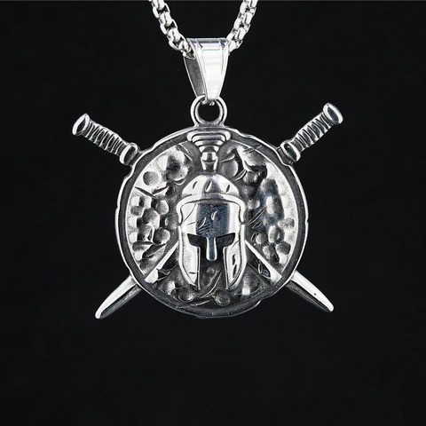 Vintage Spartan Warrior Helmet Shield Crossed Swords Pendant Titanium Steel Distressed Silver Viking Punk Necklace For Men