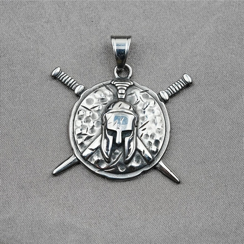 Vintage Spartan Warrior Helmet Shield Crossed Swords Pendant Titanium Steel Distressed Silver Viking Punk Necklace For Men